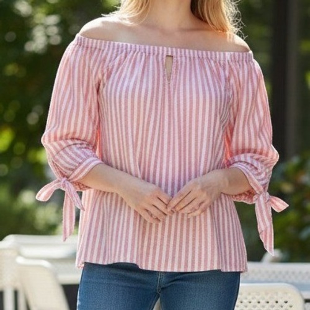 Sanctuary Blouse (L) Pink White Striped Excellent Linen Blend Off Shoulder Tie